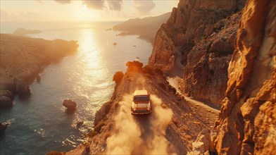 An SUV driving on a coastal road by the sea cliffs during sunset, drone aerial view, AI generated