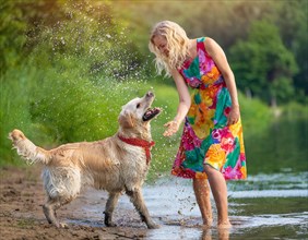 A woman plays on the shore with a splashing dog, Labrador, on a sunny summer day, AI generated, AI