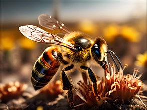 Bee on a wilting flower with a blurred barren landscape in the background, AI generated
