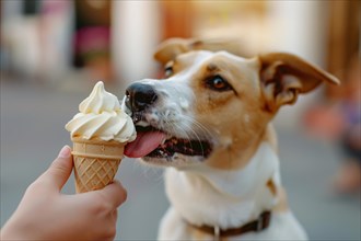 Small dog being fed ice cream in cone. KI generiert, generiert, AI generated