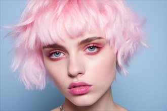 Portrait of young woman with short pastel pink hair and pink makeup on blue studio background. KI