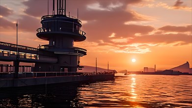 Seaports control tower at sunrise emphasizing its role in overseeing, AI generated