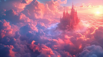 Majestic fantasy castle amid a dreamlike cloudscape with a sunrise backdrop, ai generated, AI