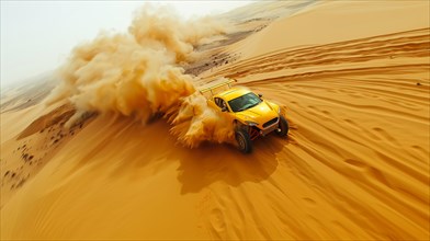 Performance car racing up a sandy dune, kicking up a cloud of dust, action sports photography, AI
