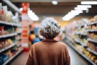 Back vie wof senior woman with gray hair in supermarket grocery store. KI generiert, generiert, AI