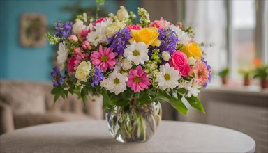 A large bouquet of colourful spring flowers in a vase stands on the table, spring, AI generated, AI