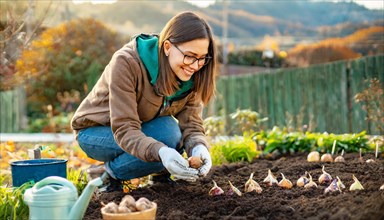 Young woman with scarf planting onions in a bed in her vegetable garden, KI generated, AI generated