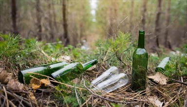 There are some empty glass bottles in the forest, some broken, pollution, AI generated, AI