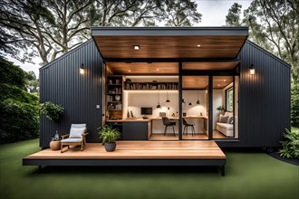 Tiny house decorated like an architectural office located in the courtyard of a park, AI generated
