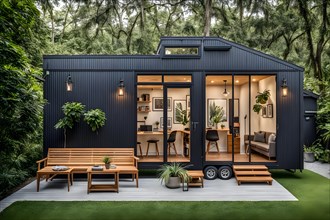 Tiny house decorated like an architectural office located in the courtyard of a park, AI generated