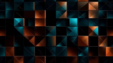 An abstract pattern of metallic shimmering squares in teal and copper tones on a dark background,