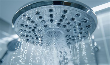 Water streaming down from a chrome showerhead in a bathroom AI generated