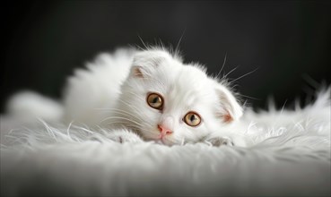 Relaxed white kitten lying on a soft surface with a dark background AI generated