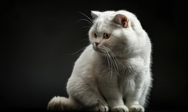 Elegant white cat with soft fur against a dark background in contemplative side view AI generated