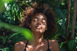A serene woman with closed eyes enjoying sunlight amidst lush green foliage, AI generated