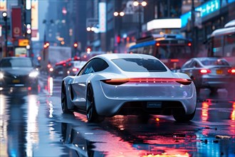 Futuristic white sports car driving on a wet city street at night with neon lights, AI generated