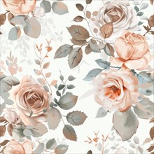 Floral watercolor pattern with delicate roses and foliage, AI generated