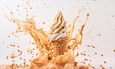 Ice cream cone explosion on white background AI generated
