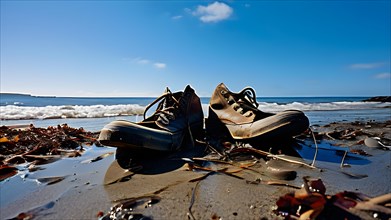 Pair of empty shoes on the shore of a beach marred by plastic waste symbolizing human influence, AI