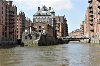 The Speicherstadt in Hamburg with its characteristic brick buildings and water canals, Hamburg,