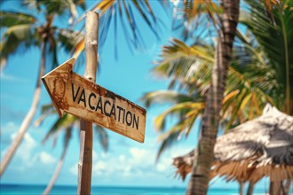 Wooden sign with text 'Vacation' in front of blue sky and tropical palm tree. KI generiert,