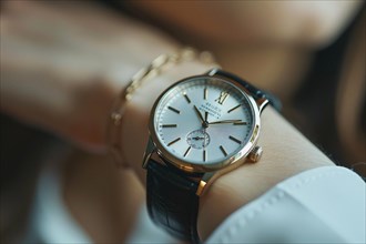 Close-up of an elegant wristwatch with gold accents, symbolizing luxury and fashion, AI generated