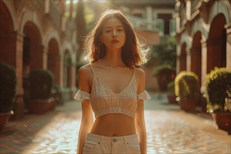 Serene young woman in casual clothing basks in the golden sunlight of an outdoor courtyard, AI