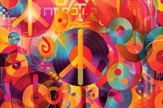A vibrant retro-styled illustration with peace symbols and vinyl records, illustration, AI