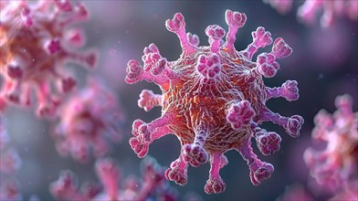 A detailed 3D illustration of a virus with pink and purple hues, AI generated