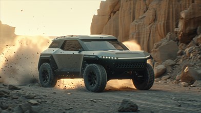 Futuristic off-road vehicle speeding through a desert kicking up dust, AI generated