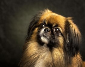 Dog, Pekingese, portrait, head only, puppies, dark background, AI generated, AI generated