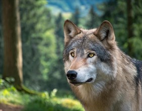Animal, wolf, portrait, head only, background forest, AI generated, AI generated