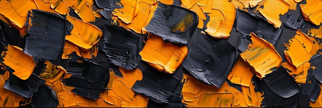 Black and orange paint strokes on canvas creating an abstract contrasting texture, banner 3:1 wide