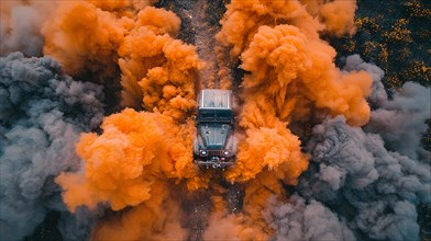 Off-road jeep vehicle in the midst of massive yellow smoke clouds, ai generated, AI generated
