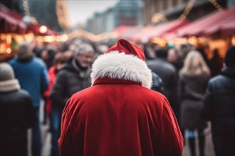 Back view of man dressed up as Santa Claus at Christmas market. KI generiert, generiert, AI