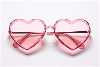 Heart shaped pink glasses on white background. KI generiert, generiert, AI generated