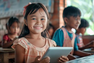 Preschool girl sitting in the classroom with a digital tablet and smiling at the camera, symbol