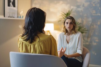 Woman talking with female therapist. KI generiert, generiert, KI generiert, generiert, AI generated
