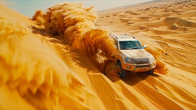 A beige SUV charging through the desert dunes, throwing up waves of sand, action sports