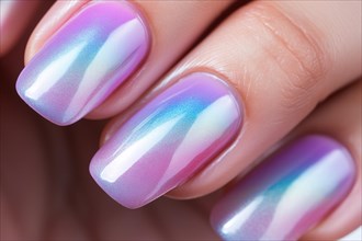 Close up of woman's fingernails with metallic pink and blue nail art design. KI generiert,