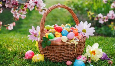 A festive Easter basket filled with colourful eggs, surrounded by spring flowers in the grass,