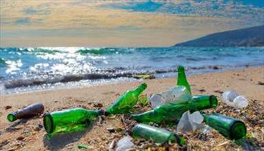 Empty glass bottles lying on the beach, some broken, pollution, AI generated, AI generated