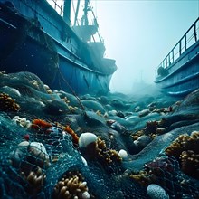 Trawl net overflowing with a diverse mix of marine life, AI generated