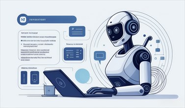 Robot at a laptop with infographics, symbolizing data analysis and digital tech, ai generated, AI