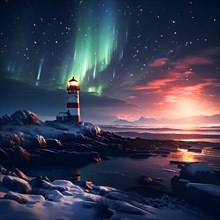 Lighthouse standing on a snow covered coast with aurora borealis dancing in the night sky, AI