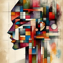 Abstract geometric cubist artwork with a colorful face, square aspect, AI generated
