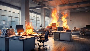 Large flames consume stacks of paper in an office in dramatic light, symbol bureaucracy, AI