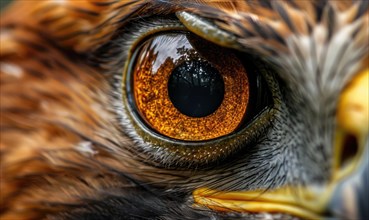 Intense close-up of a bird's eye capturing the gaze and detailed feathers AI generated