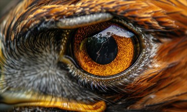 Close-up of a bird's orange eye surrounded by detailed feathers in golden hues AI generated