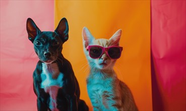 A cat and a dog companions in sunglasses, presented against a background of vibrant contrasting
